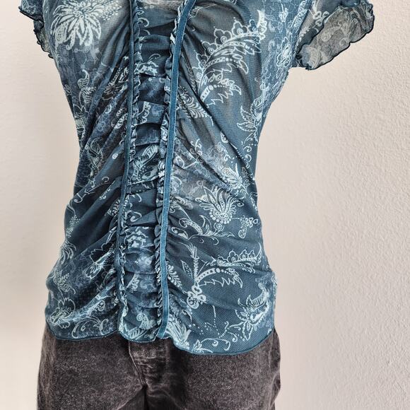 Y2K Mesh Blue Floral Sheer Ruched Cap Sleeve V-Neck Whimsigoth Top XS - Picture 3 of 7
